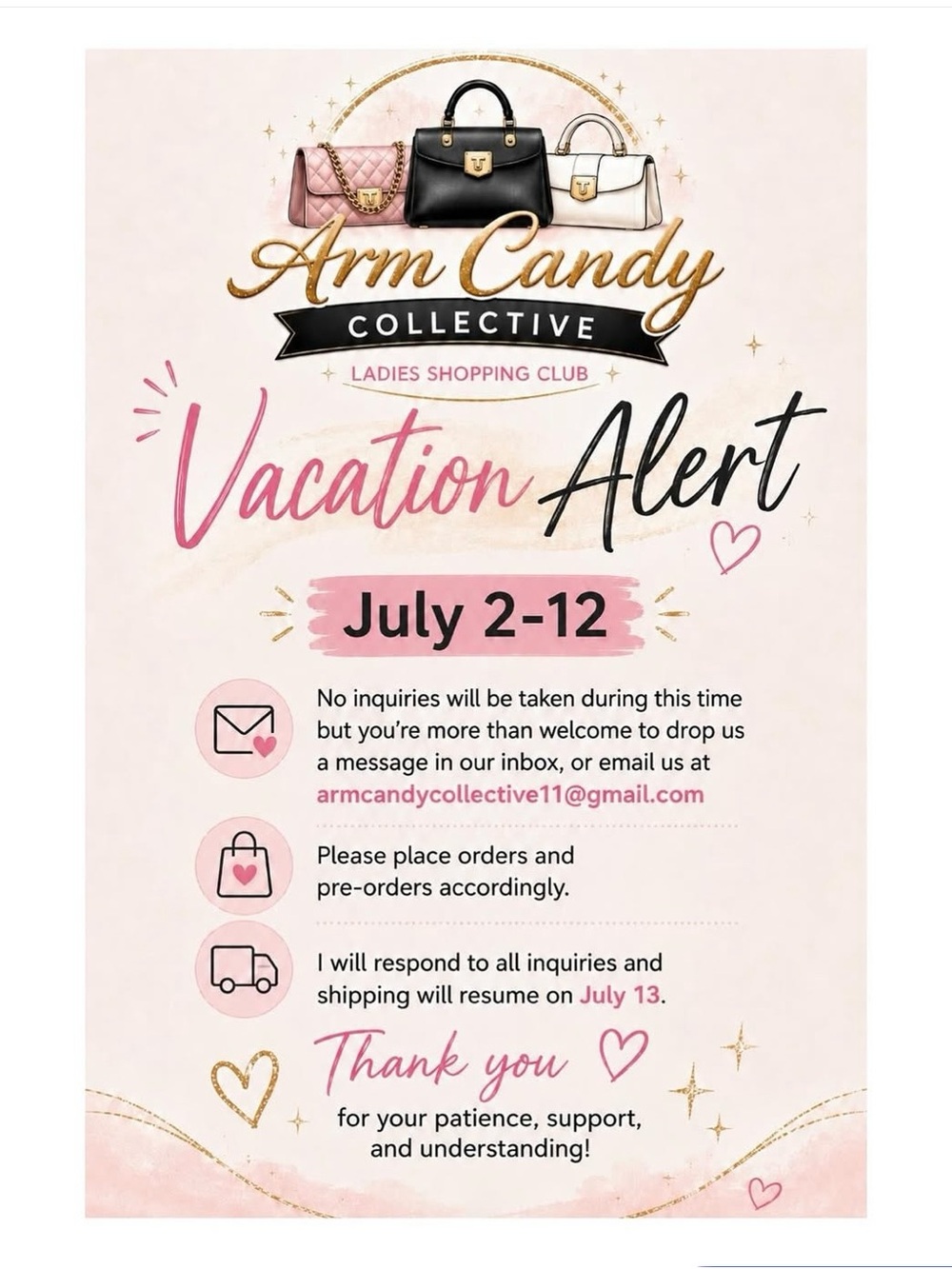 Arm Candy Collective Vacation Alert